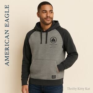 American Eagle Gray Black Colorblock Fleece Hoodie Kangaroo Pocket Logo Skater M